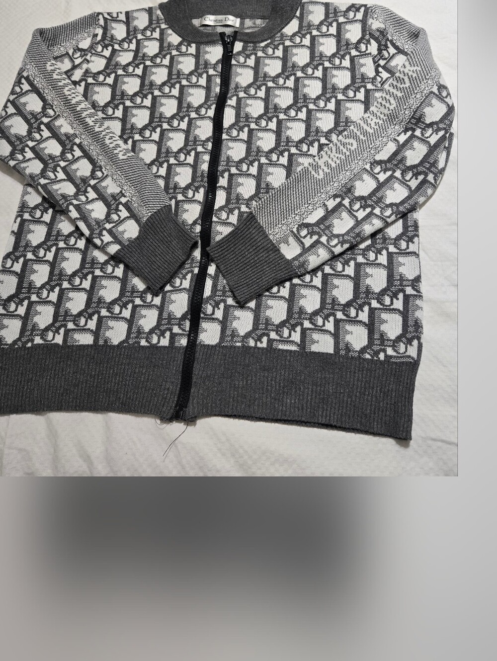 Dior Oblique Jacquard Cotton Knit Sweater Grayand White Size Med.